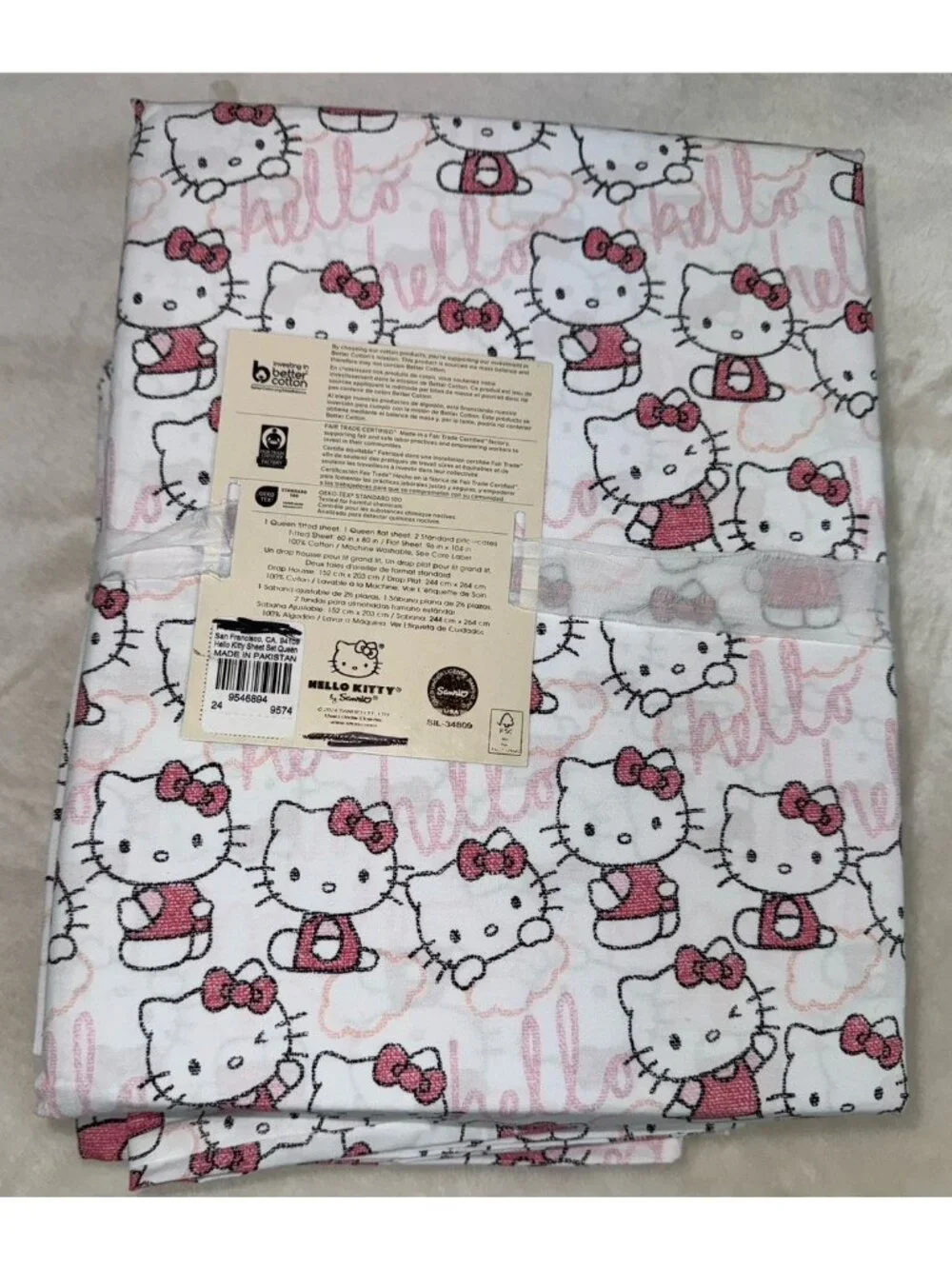 NWT POTTERY BARN TEEN Hello Kitty Pink Queen Sheet Set Pillowcases Flaw